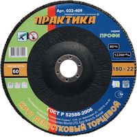 Круг лепестковый шлифовальный ПРАКТИКА 180 х 22 мм, Р60, серия Профи (1шт), 032-409