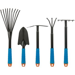 Садово-огородный набор (совок широкий, грабельки ручные, грабельки веерные, рыхлитель, мотыга), синие пластиковые ручки, 5 шт. FIT IT 77078