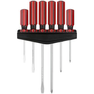 Отвертки CrV сталь, магнитный наконечник, красные пластиковые ручки, на держателе, набор 6 шт. КУРС 55976