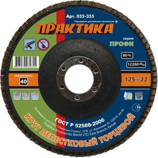 Круг лепестковый шлифовальный ПРАКТИКА 125 х 22 мм, Р40, серия Профи (1шт), 032-355