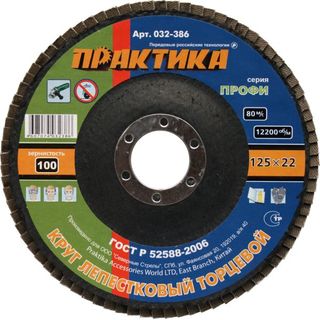 Круг лепестковый шлифовальный ПРАКТИКА 125 х 22 мм, Р100, серия Профи (1шт), 032-386