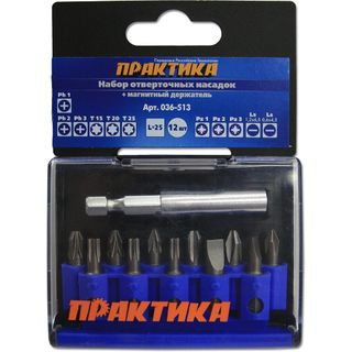 Набор бит ПРАКТИКА "Профи" 12 предметов: PH 3шт, PZ 3шт, Torx 3шт, LS 2шт x 25мм держатель, кассета, 036-513
