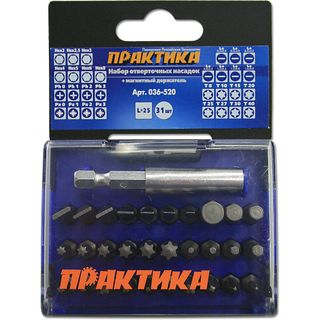 Набор бит ПРАКТИКА "Профи" 31 предмет: PH 4шт, PZ 4шт, Torx 8шт, LS 7шт, HEX 7 x 25мм м/д, кассета, 036-520
