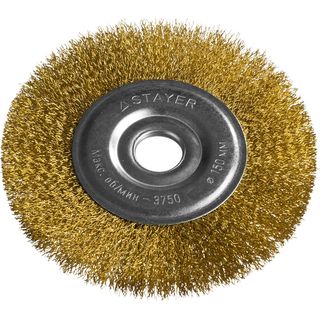 STAYER "PROFESSIONAL". Щетка дисковая для УШМ, витая латунир. проволока 0,3мм, 150ммх22мм, 35122-150